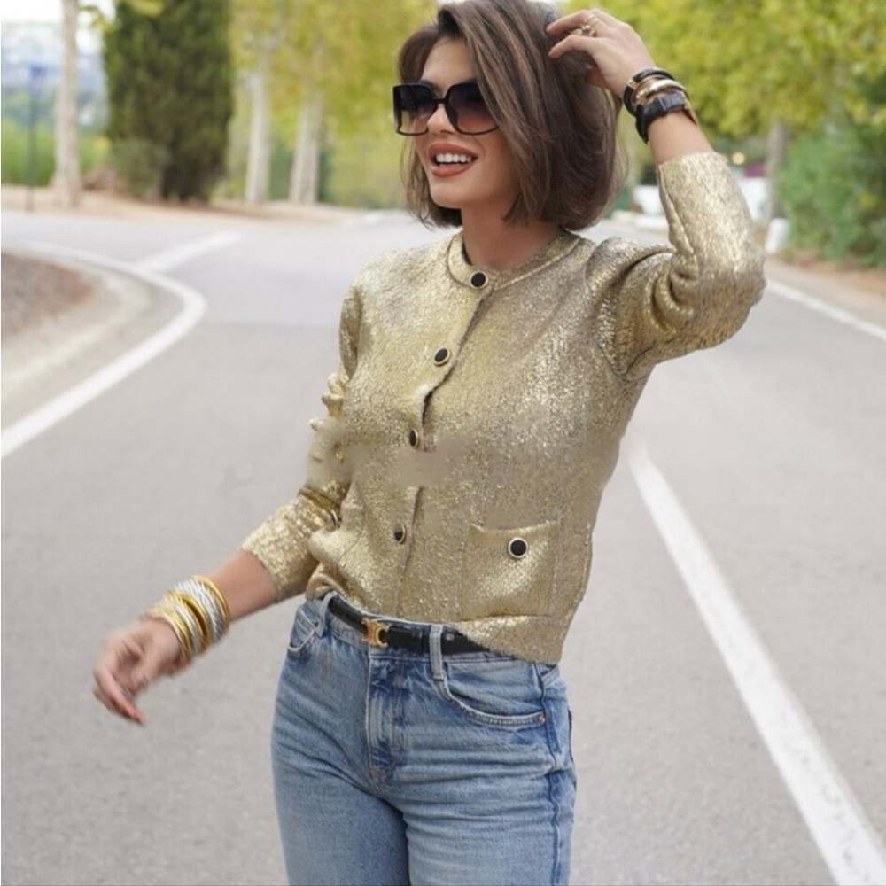 Zara Foil Knit Cardigan with Black & Gold Buttons - Picture 16 of 17